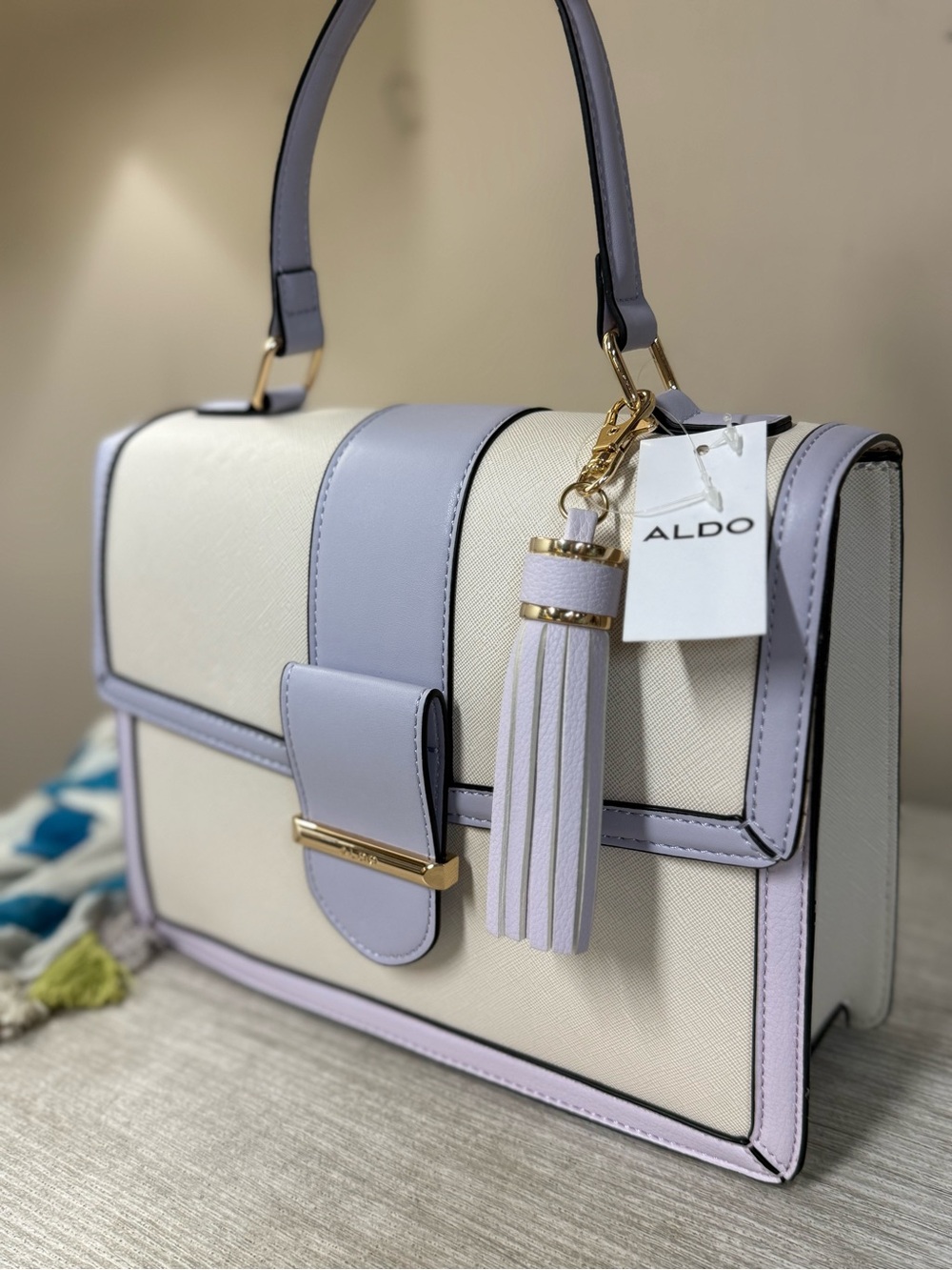 NWT ALDO Cream and Light Lavender Structured Top-Handle Bag